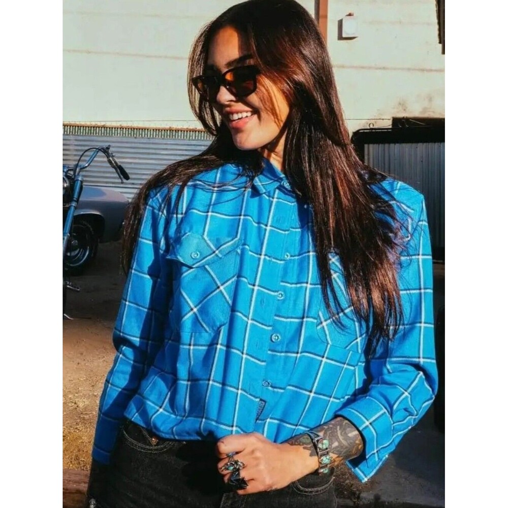 Dixxon Brentwood Plaid Flannel Crop Womens 2X Blue Relaxed Moto Casual Alt